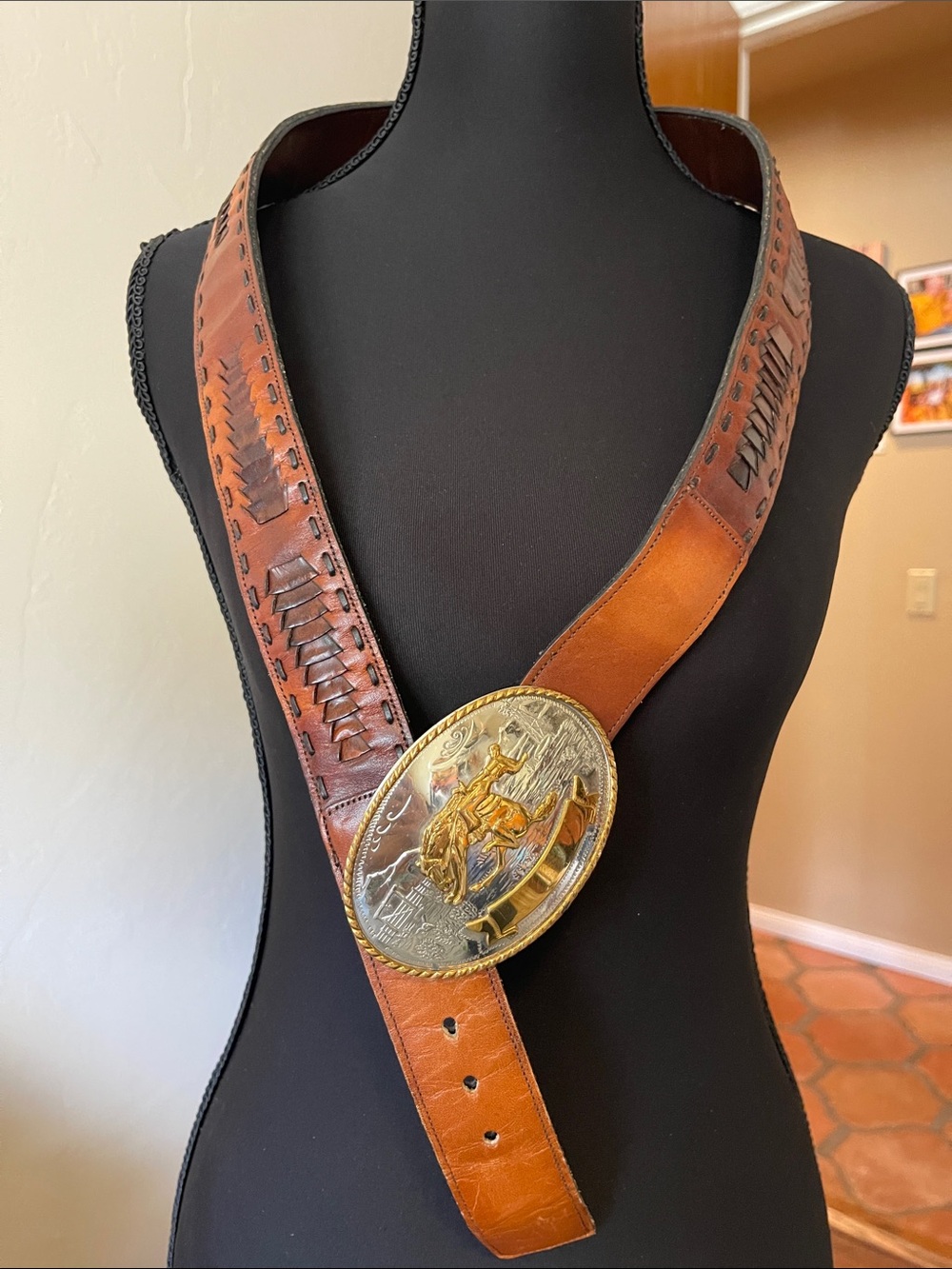 Tony Lama Western Brown Belt with Large German Silver Buckle - Picture 3 of 7